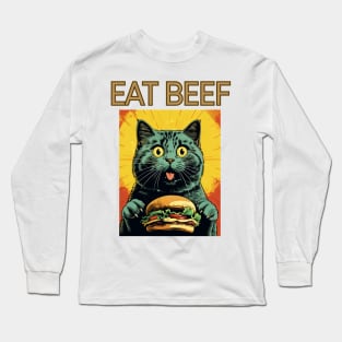 Retro Vintage Cat - Eat Beef Design | Quirky Feline Art Long Sleeve T-Shirt